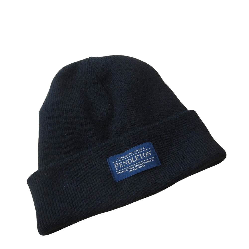 Pendleton Beanie Mens OS Black Ribbed Knit Wool Blend Logo Patch Winter Outdoor